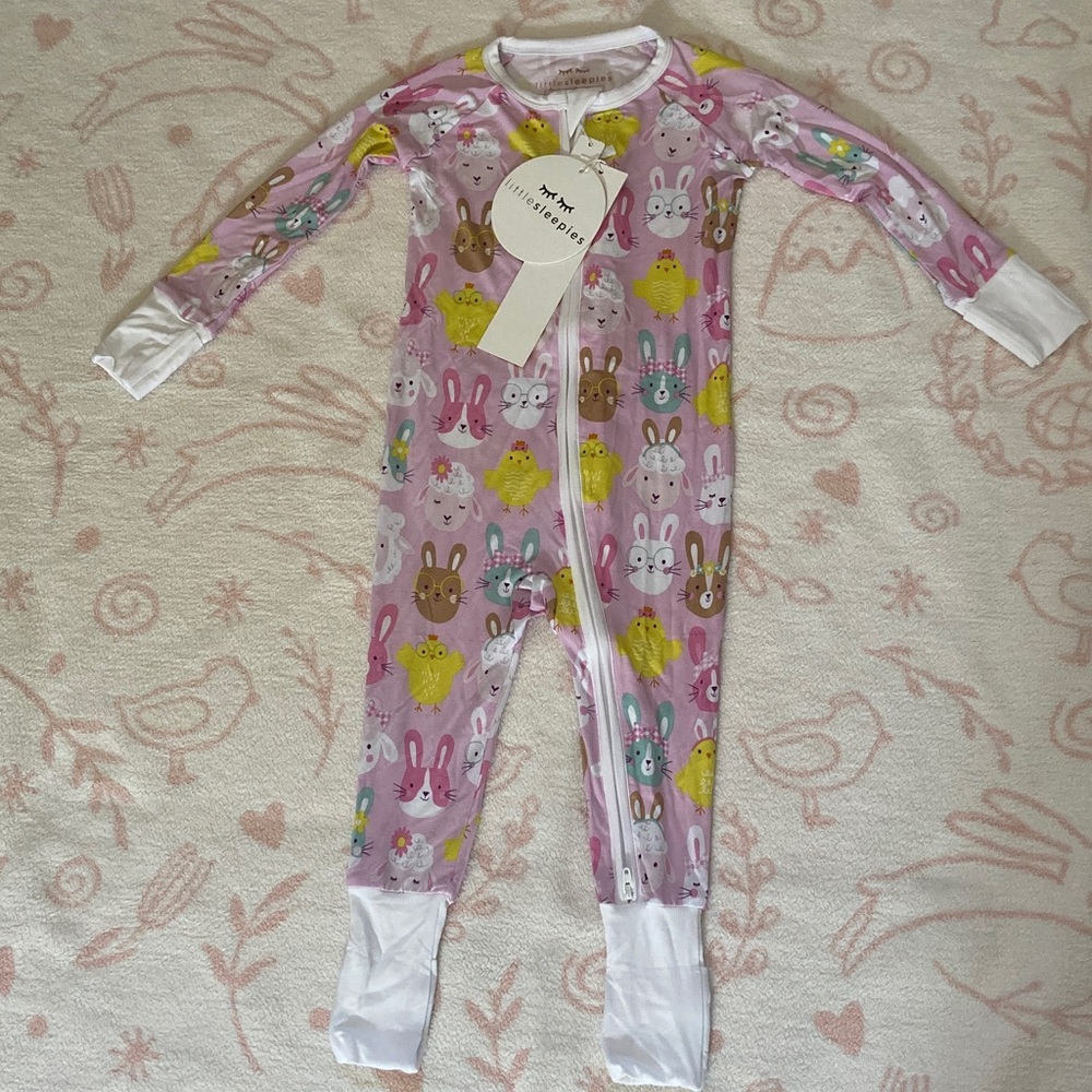 NWT- Little Sleepies bamboo zipper romper in a colorful Easter bunny pattern